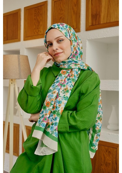 Afvente Çiçek Desen Yeşil Soft Pamuk Şal