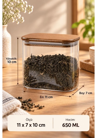 Atbyhome Akasya Ahşap Vakum Kapaklı Dikdörtgen Cam Kavanoz 650 Ml - Çay Kahve Ve Baharat Saklama Kabı Diğer