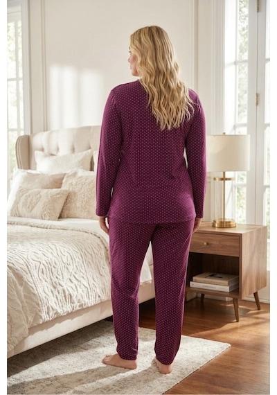 Eyfuze Kadın Büyük Beden Desenli Yakası Düğmeli Uzun Kollu Bambu Pijama Takımı Kırmızı