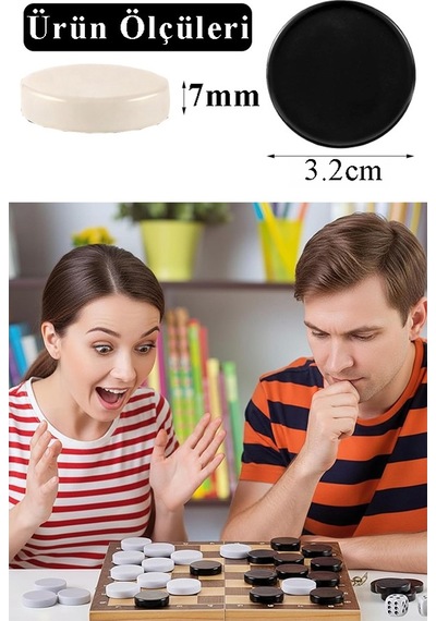 Tavla Pulu Orta Boy No:3 1 Paket Tavla Ve Dama Taşı Plastik 3.2 Cm Zar Hediyeli Gri Siyah 32 Mm Oyun Pulu