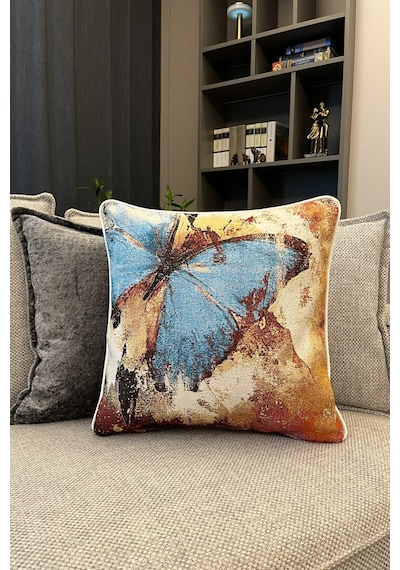 Kırlent Kılıfı Goblen Dokuma Kumaş - 45x45cm Çift Taraflı Biyeli Dekoratif Kırlent Kılıfı - Vs-108 Çok Renkli