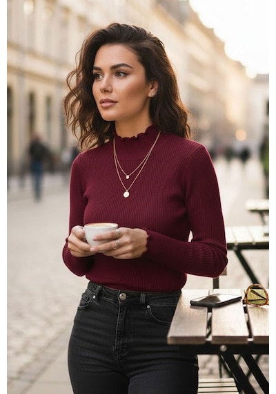 Tarz Cool Kadın Bordo Yarım Balıkçı Detaylı Triko Kazak Bordo