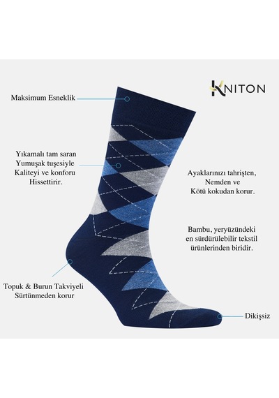 Dikişsiz Bambu Çorap Baklava Desenli Lacivert Renk Erkek Çorap Kutulu 5 Çift Premium Uzun Çorap Soket Çorap Bambu Mix