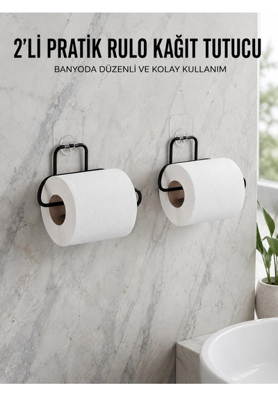 2 Adet Siyah Yapışkanlı Kağıtlık Duvar Tipi Tuvalet Kağıdı Ve Rulo Tutucu Çok Renkli