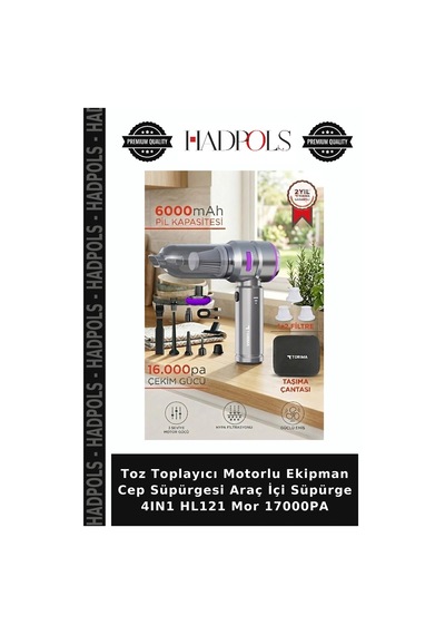 Toz Toplayıcı Motorlu Ekipman Cep Süpürgesi Araç İçi Süpürge 4ın1 Hl121 Mor 17000pa