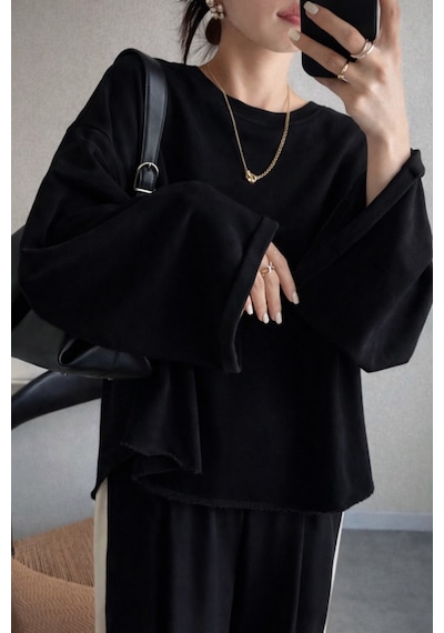 Oversize Kesim Bisiklet Yaka Uzun Kollu Sweatshirt Siyah