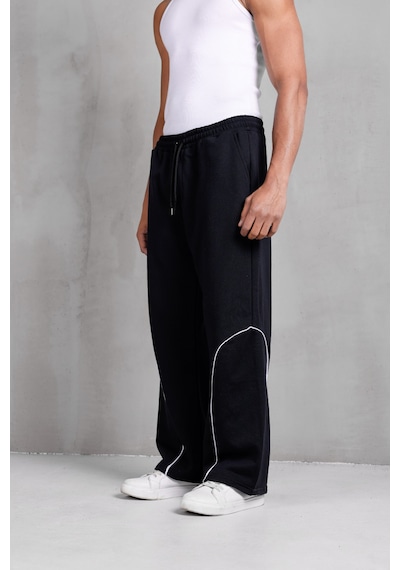 Dark Moda Erkek Oval Şeritli Baggy Eşofman Siyah