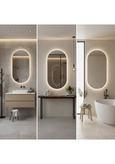 65x116 Cm Modern Oval Led Banyo Aynası Dokunmatik, Dim Edilebilir, 3000k Günışığı Sarı