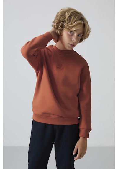 Tommylife Kiremit Pamuklu Kalın İçi Tüylü Yumuşak Dokulu Standart Fit Nakışlı Erkek Çocuk Sweatshirt - 11232 Kiremit