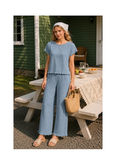 Rindahomewear Bürümcük Kumaş Mavi Düşük Kol Pijama Takım Mavi