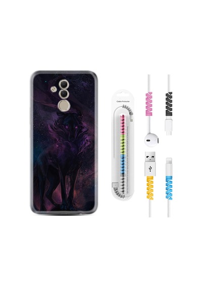 Huawei Mate 20 Lite Kılıf Kablo Koruyuculu Black Purple Wolf 1791