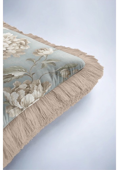 Çiçek Vintage Şakayık Saçaklı Yastık Kılıfı - Romantik Floral Vizon Krem Püsküllü Kırlent Kılıfı Haki