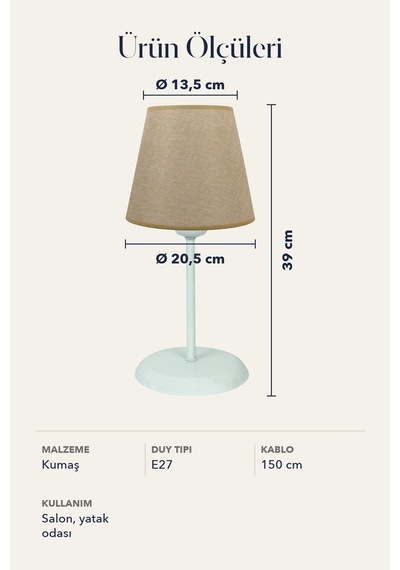 Şenay Aydınlatma Metal Ayaklı Konik Kumaş Abajur Masa Lambası 13,5 cm Hasır