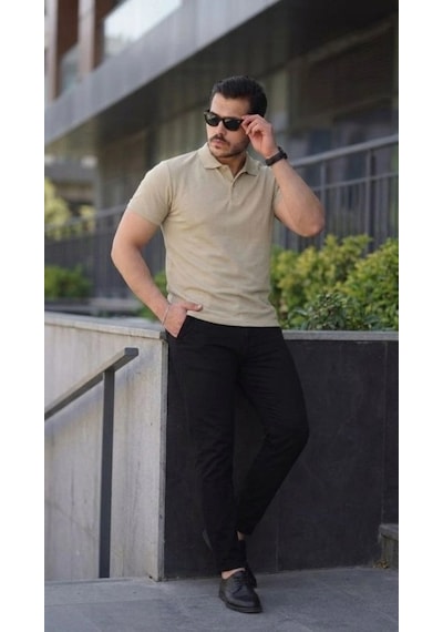 Defymoda Erkek Kısa Kollu Yakalı Tişört Bej