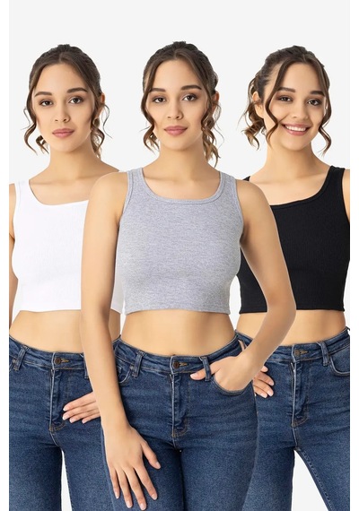 Terrien Delux Serisi Spor Sokak Modern Kadın Pamuklu Kaşkorse Bisiklet Yaka Crop 3'lü Set Beyaz Siyah Gri