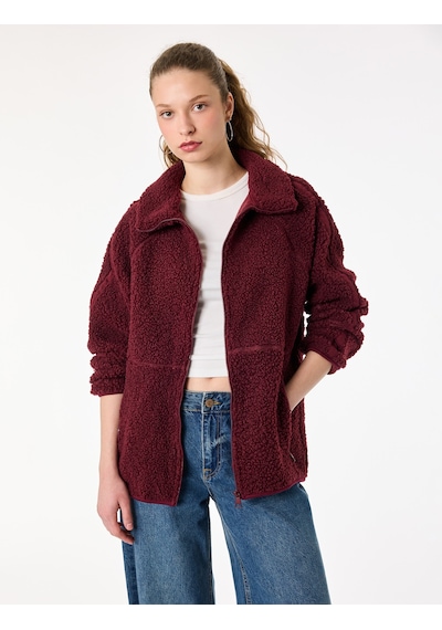 Koton Uzun Kollu Dik Yaka Cep Detaylı Fermuarlı Oversize Peluş Ceket Bordo 6wmg60028ık