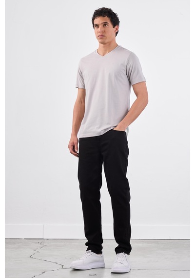Dufy Gri V Yaka Pamuklu Düz Renk Slim Fit Erkek T-shirt Gri