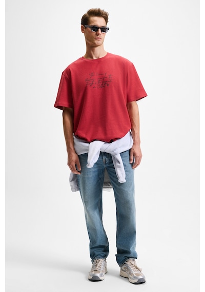 Grımelange BONDIA Erkek Baskı Detaylı %100 Organik Pamuk Oversize Fit Bisiklet Yakalı Kısa Kollu Bordo T-Shirt