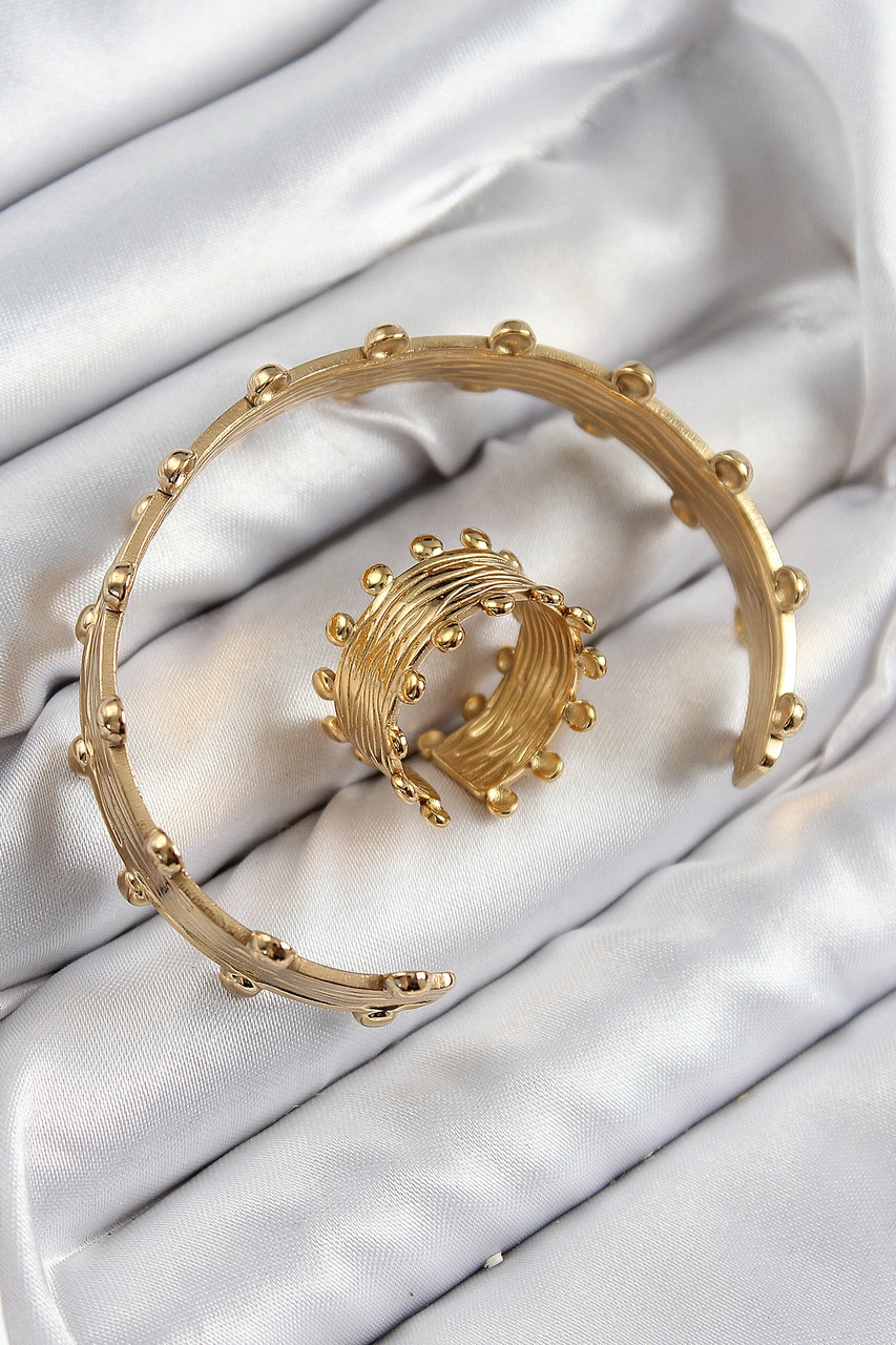 Tua Moda Pirinç Topcuk Model Gold Renk Bileklik Yüzük Set Çok Renkli