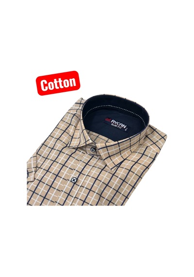 Slim Fit Ekose Pamuklu Kısa Kollu Cepsiz Gömlek Slim Fit Kalıp Bej
