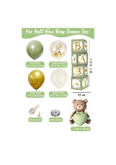 Küf Yeşili Temalı Baby Shower Set Adaçayı Baby Kutu, Ayıcık Folyo Ve Lateks Balon Set Yeşil
