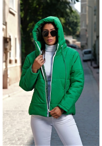 Keyifli Moda Kadın Yeşil Su Geçirmez Kapüşonlu Şişme Mont