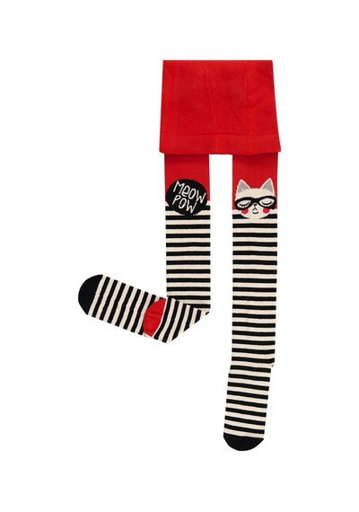 Denokids Kız Çocuk Kedi Desenli Pamuklu Kırmızı Külotlu Çorap 4-9 Yaş