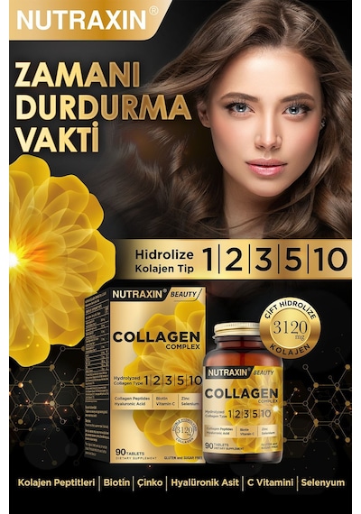 Nutraxin Collagen Beauty Complex 90 Tbl - Hidrolize Tip 1, 2, 3, 5, 10, Biotin, Zinc, Bakır, Hya,