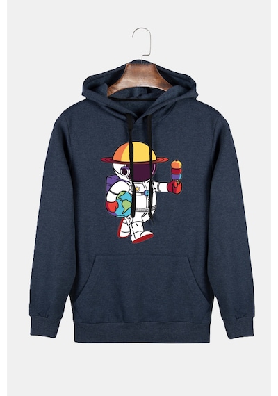 Unisex İndigo Kapüşonlu Astronot Baskılı Slim Fit Kanguru Cepli Sweatshirt Indigo