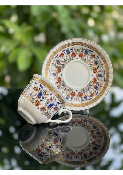 Alfafe Home 6 Kişilik Çini Desenli Altın Yaldızlı Porselen Çay Ve Kahve Fincanı Klasik Lüks Fincan Altın