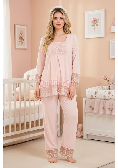 Lady Bebe Pembe Renkli Dantel Detaylı, 33203 Uzun Kol, 2 Parça Lohusa Hamile Pijama Takımı Açık Pembe