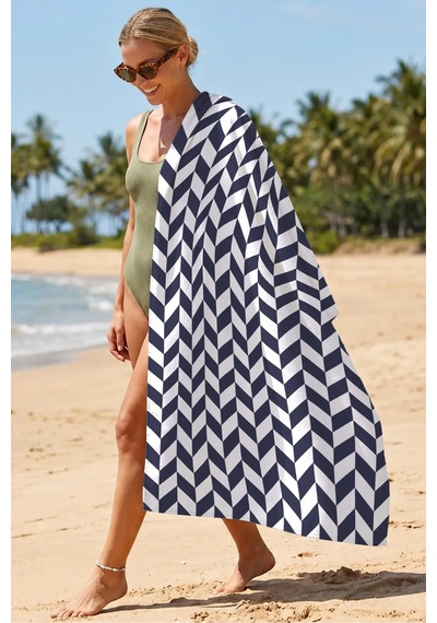 Zikzak Geometrik Lacivert Beyaz Plaj Havlusu - Modern Marine Chevron Hızlı Kuruyan Mikrofiber Havlu Sakin Melon