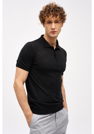 İgs Siyah Slim Fit Dar Kalıp Polo Yaka Düz Kısa Kollu Triko Tişört-16327