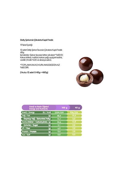 Delly Şeker İlavesiz Bitter Çikolata Kaplı Fındık 12 x 40 G Delly Şeker İlavesiz Bitter Çikolata Kaplı Fındık 12 x 40 G