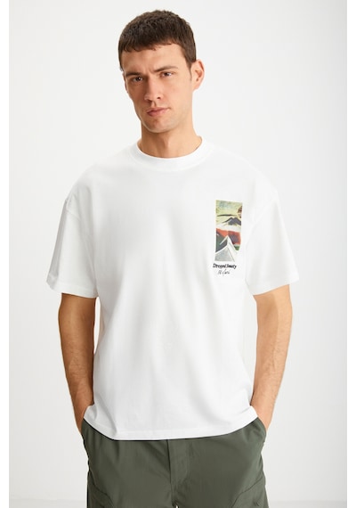 Grimelange Kravın Erkek %100 Pamuk Bisiklet Yaka Baskılı Ekru T-shirt