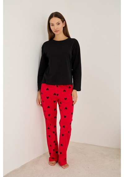 Siyah İnci Pamuklu Örme Pijama Takım7948 Kırmızı