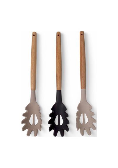 Bambu Saplı Silikon Makarna Servis Kaşığı Isıya Dayanıklı, Yapışmaz, 3 Renk Seçenekli, 27cm Uzun Saplı Makarna Kaşığı Bej