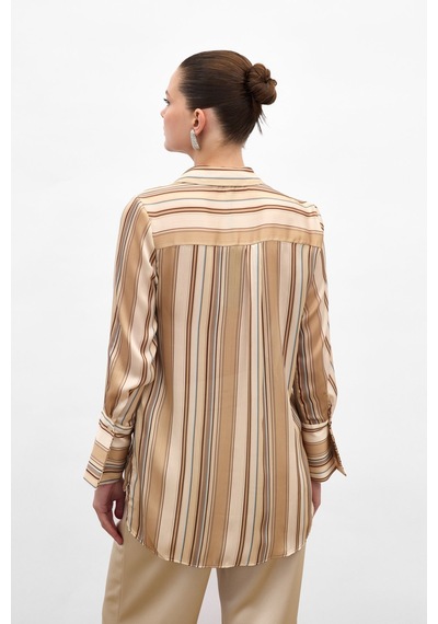 Sateen Renkli Çizgili Gömlek - Camel-136814 CAMEL
