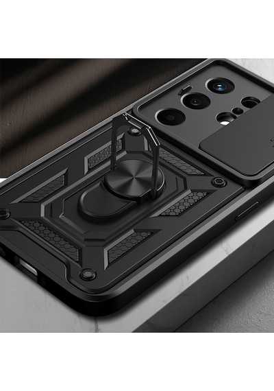 Tecno Camon 50 Kılıf Magnetik Standlı Kamera Korumalı Zore Sürgülü Vega Kapak - Siyah