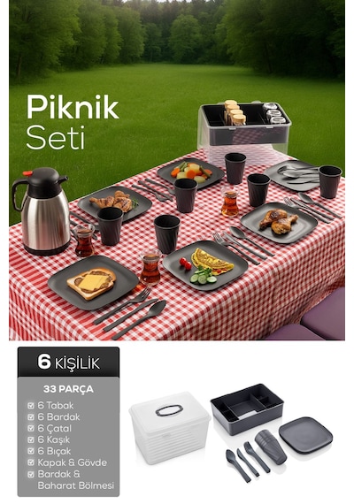 Vienev 33 Parça 6 Kişilik Piknik Seti Antrasit Antrasit