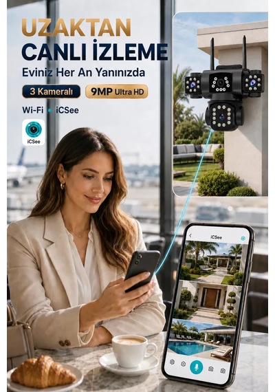 İcsee 9002 9mp 3 Lens Wifi Güvenlik Kamerası, Motorlu Gece Görüşlü Dış Mekan Kamera, 32gb Kart Ve Adaptör