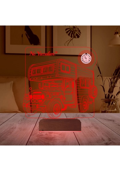 Luvivia Karavan Kamp Kamping Outdoor Tasarım Kişiye Özel Metal Saatli 3d Lamba - Masa Gece Lambası Şeffaf