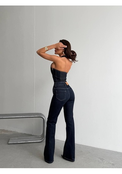 Herton Kadın Boyundan Bağlamalı Korse Detaylı İspanyol Paça Kot Tulum Denim
