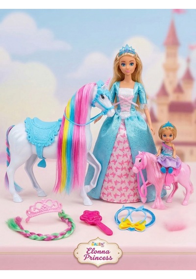 Elonna Princess Yeleli Unicorn At Ve 30 Cm Prenses Bebek Oyun Seti - Saç Aksesuarlı