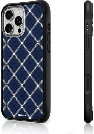 Apple Uyumlu iPhone 16 Pro Max Kılıf M-safe Şarj Özellikli Youngkit Argyle Serisi Kapak Mavi