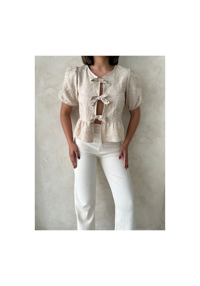 Verymoda Önden Bağlamalı Nakışlı Bluz D2788 Taş