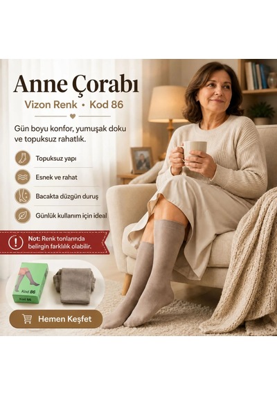 Genel Kadın 70 Denye Kalın Anne Çorabı 6'lı Dizaltı Topuksuz Esnek, Ten Siya Vizon / Standart / 6 Adet