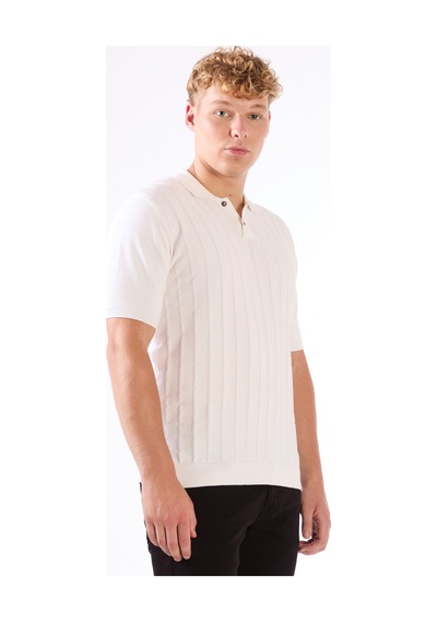 Dufy Beyaz Polo Düğmeli Kısa Kollu Düz Renk Fitilli Slim Fit Erkek Triko Beyaz