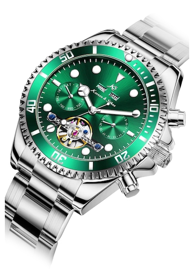 Kronen&söhne Verlux Zümrüt Yeşil Premium Tourbillon Otomatik Erkek Kol Saati Gümüş