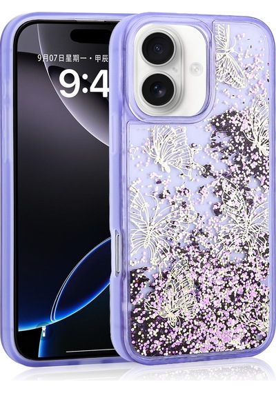 Apple, Uyumlu iPhone 16 Kılıf Sıvılı Simli Kelebek Baskılı Şeffaf Arka Yüzey Zore Glis Silikon Kapak Mor